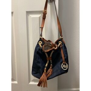 Michael Kors Handbag Marina Canvas Rope Tassels Lg Bucket Bag Drawstring Blue